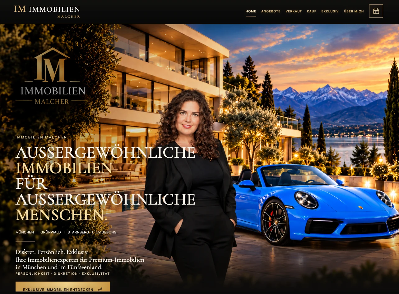 Website von Immobilien Malcher mit exklusiver Immobilie und gold-schwarzem Design